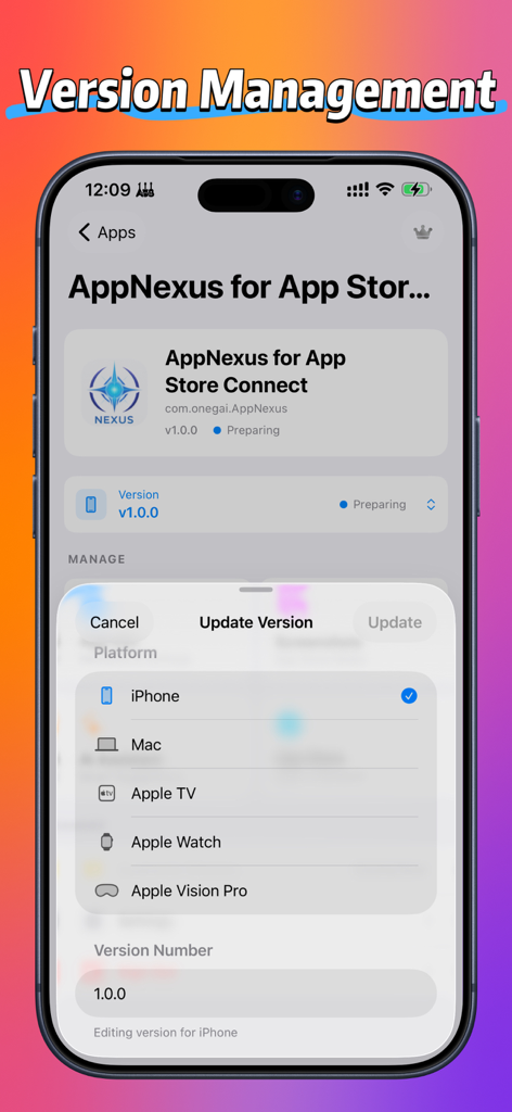 iPhone、Mac、Apple TVのアプリバージョン管理とプラットフォーム選択を示すインターフェース