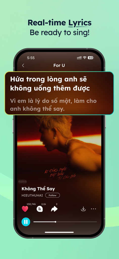 NCT - NhacCuaTui Nghe MP3 - Interface du lecteur de musique de l'application NCT affichant les paroles vietnamiennes en temps réel pour une chanson V-Pop.