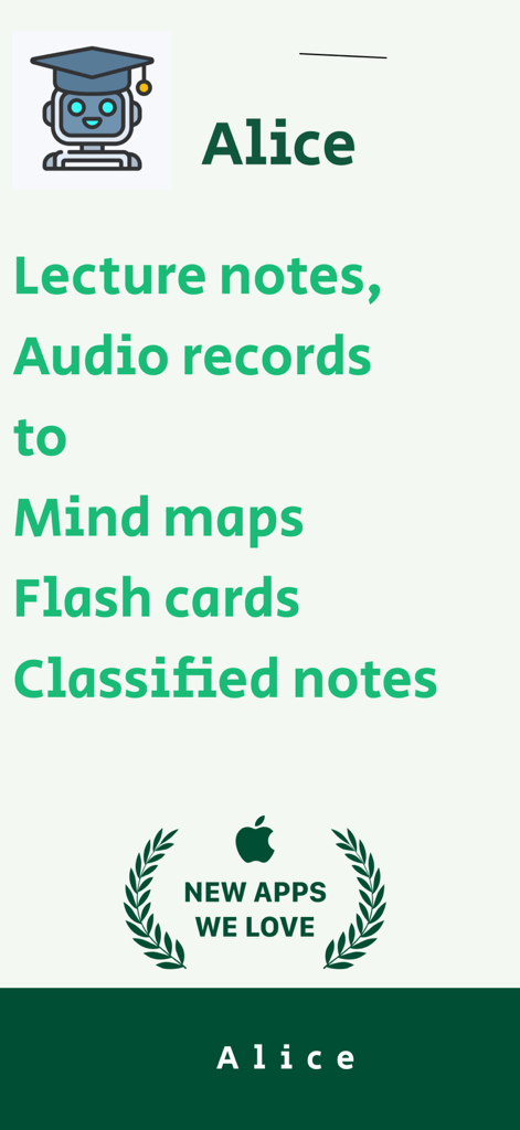 Alice: AI Note - Mind Map - Alice app promotional banner highlighting features such as converting lecture notes and audio recordings into mind maps and flashcards.