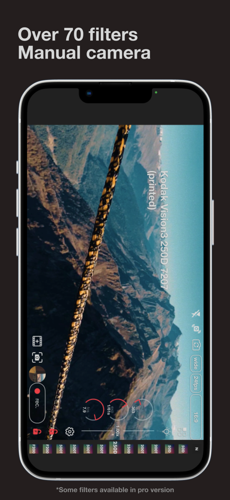 Interface of the Super 16 app showing a mountain landscape with a Kodak Vision3 film filter and manual camera settings