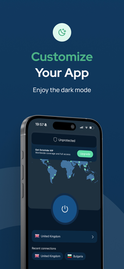 Octohide VPN mobile app interface displaying the dark mode theme on an iPhone