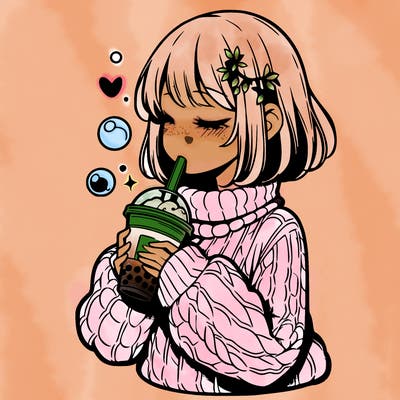 manga girl drinking boba in cozy sweater
