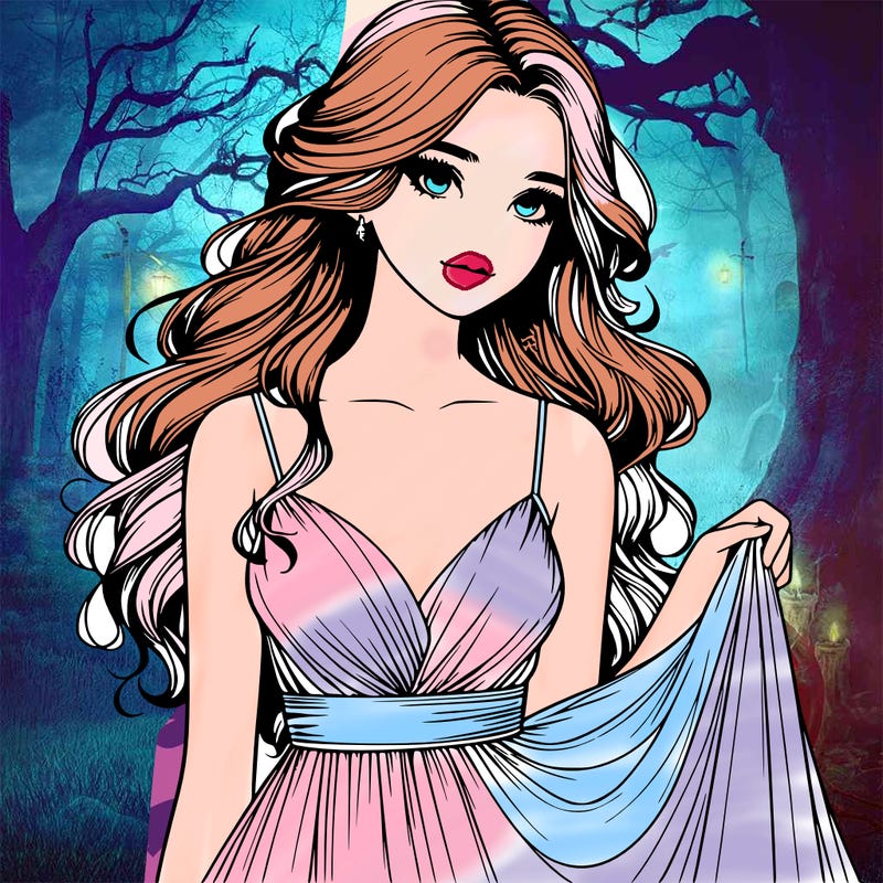 realistic girl in flowy silky prom dress