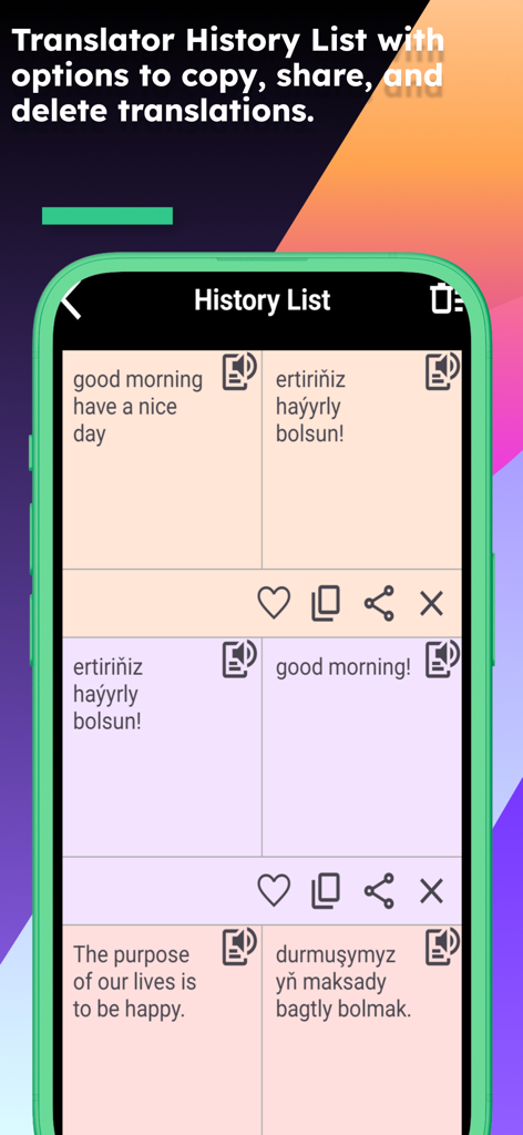 History list screen of the English Turkmen Translator app showing saved translations and action buttons