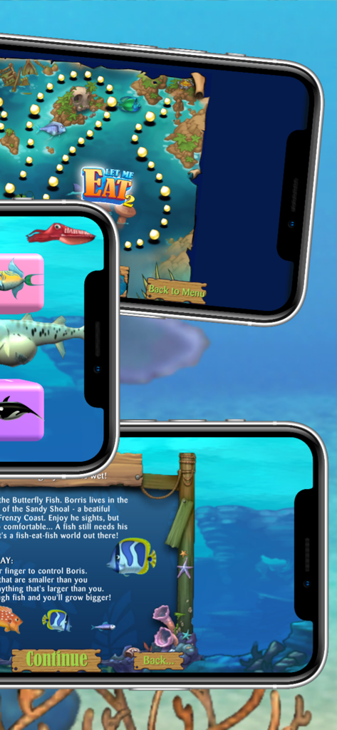 Three smartphone screens showing Let Me Eat 2 level map fish selection and game instructions