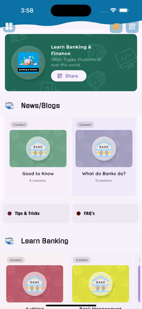 Learn Banking Offline [PRO] - Interfaccia dell'app Learn Banking Offline PRO che mostra vari moduli e lezioni di educazione finanziaria