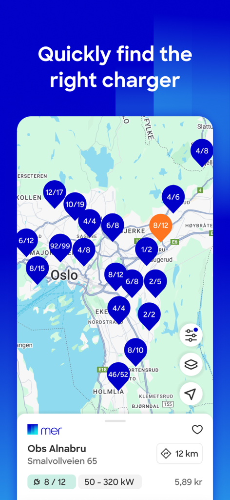 Mer Connect Norway - A map displaying electric vehicle charging station locations and availability in Oslo