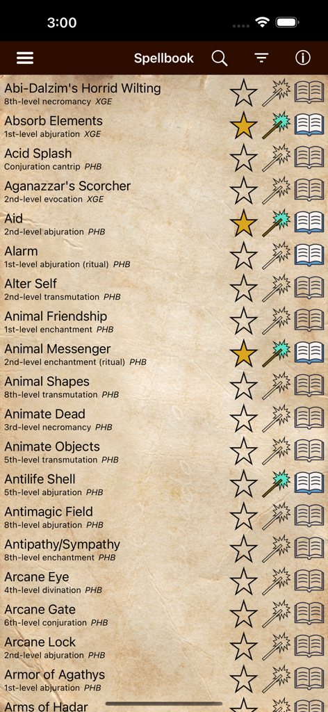 D&D Spellbook 5e - Interface of the D&D Spellbook 5e app showing a list of spells on a parchment background with sorting icons
