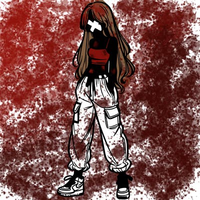 girl in baggy pants crop top and long hair