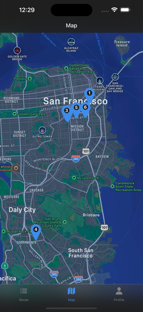 Effie app map screen showing numbered pins for field staff routes