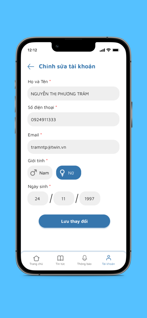 DYM Medical - DYM Medical App Bildschirm, der das Formular zum Bearbeiten des Kontoprofils mit Benutzerdetails anzeigt