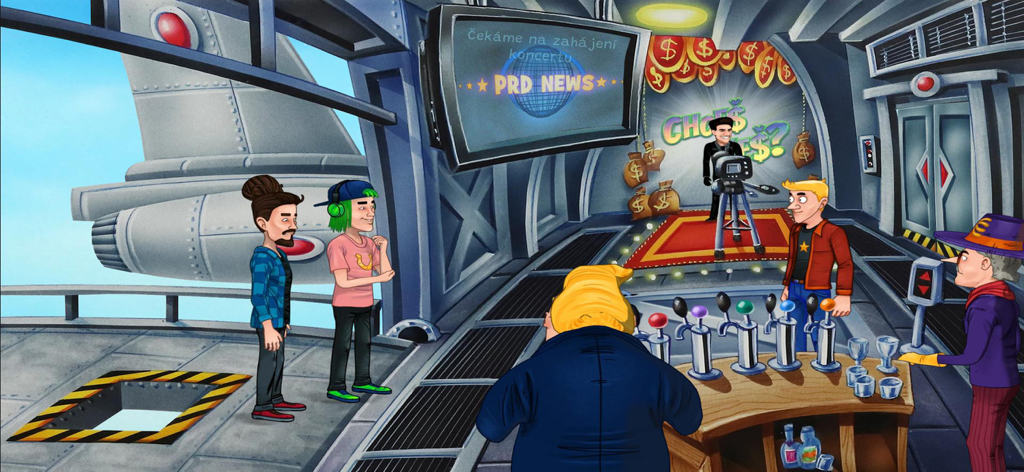 Polda 7 - Hand-drawn 2D satirical characters in a futuristic bar from the Polda 7 adventure game
