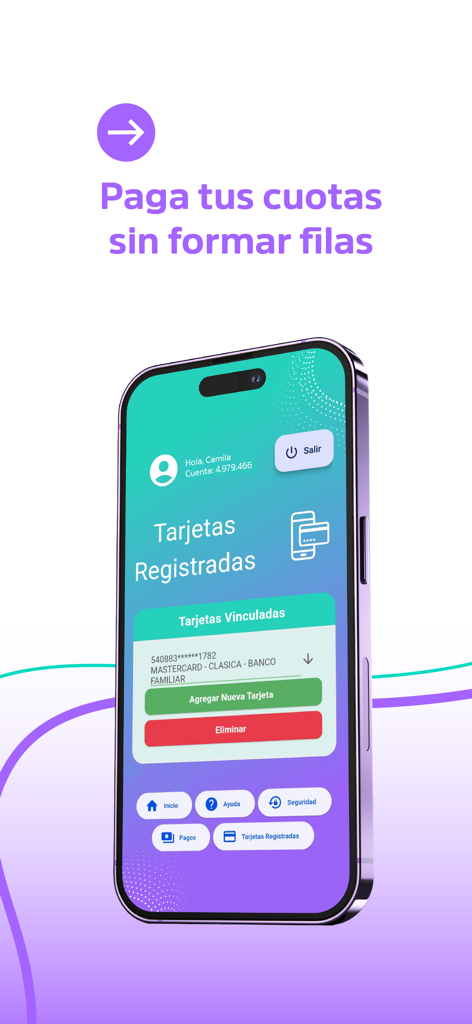 Che Dúo Digital - Pantalla de la aplicación Che Duo Digital para gestionar tarjetas de crédito registradas y pagar cuotas del préstamo