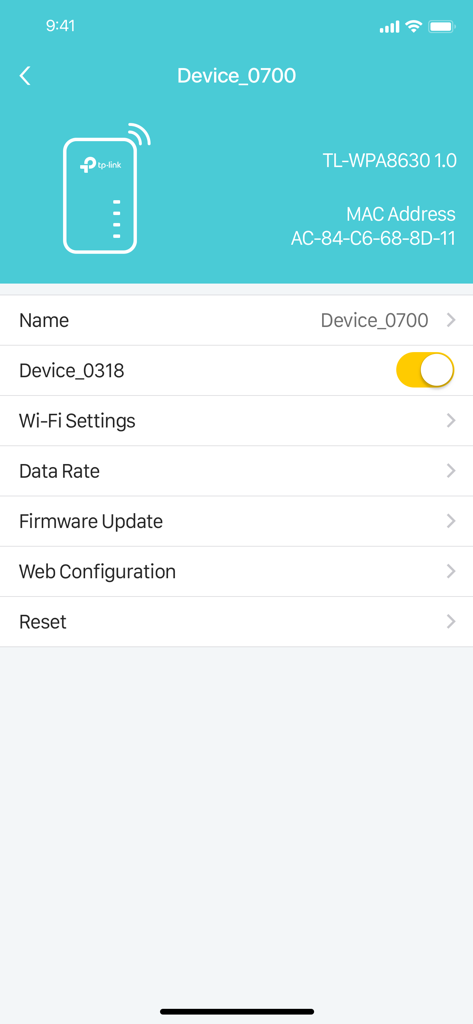 tpPLC - Interface of the tpPLC app showing detailed settings for a TP-Link powerline adapter device.