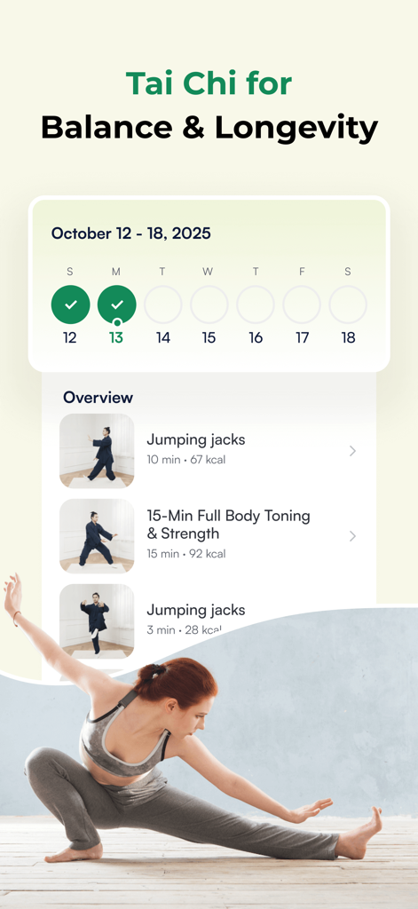 A mobile app interface for ZenFit showing a weekly Tai Chi progress tracker and a list of gentle mobility exercises for balance and longevity.