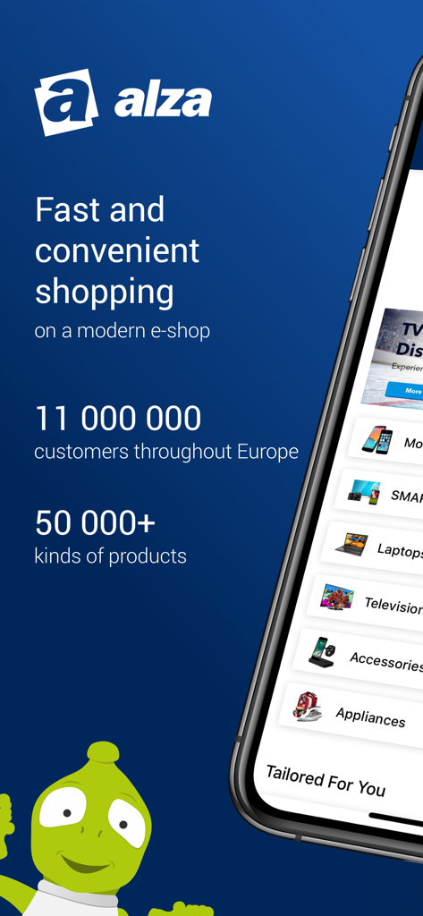 Interface do aplicativo de compras Alza mostrando categorias de produtos como laptops e televisores com o mascote alienígena verde