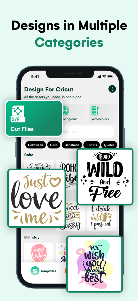 Design Maker For Craft Space! - A mobile app interface showing various design categories like cut files and monograms for DIY crafting projects