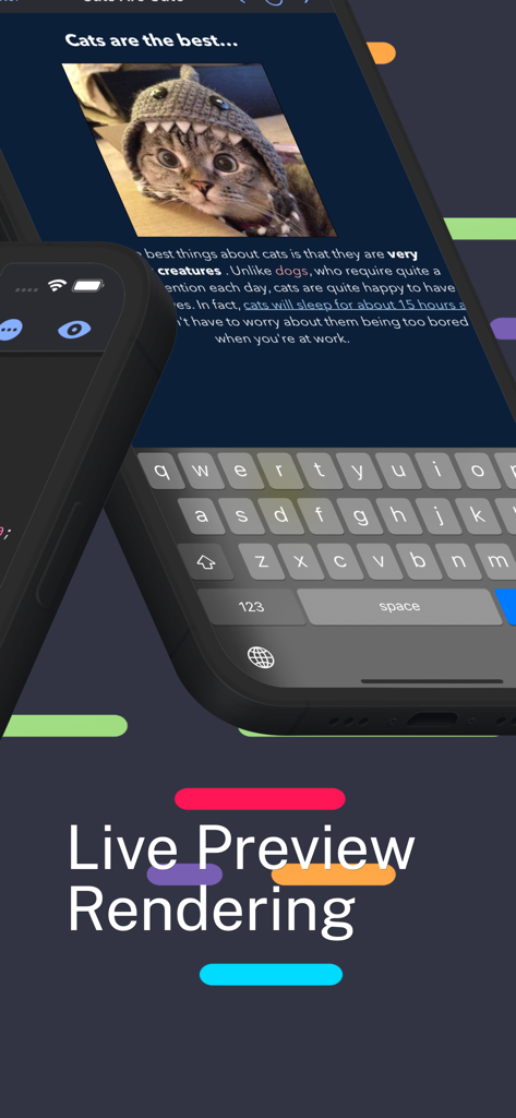 HTML Editor - A smartphone screen showing the live preview rendering of a web page with text and a cat image inside the HTML Editor app.