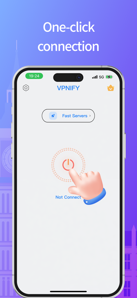 VPN Fly mobile app interface showing a simple one tap connection button