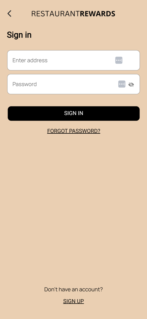Restaurant Rewards by DRG - Sign in page of the Restaurant Rewards by DRG mobile app showing email and password fields