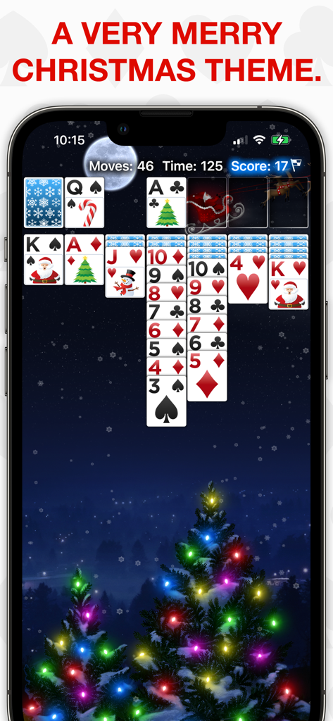 Real Solitaire Pro - Real Solitaire Pro game featuring a festive Christmas theme with holiday decorated cards and a snowy background