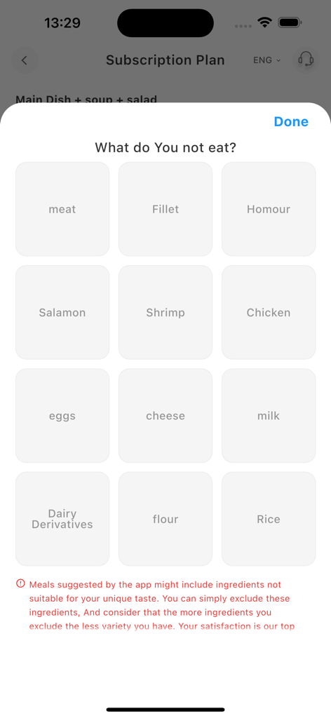 V-SHAPE - في شيب - A screen in the V-SHAPE app where users can select ingredients to exclude from their meal plans such as meat dairy and grains