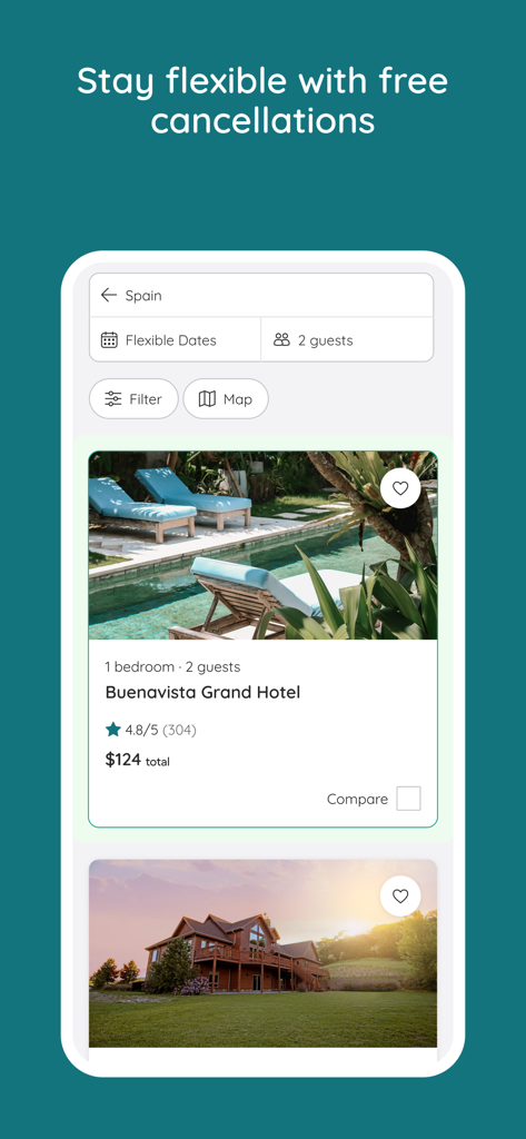 Écran de l'application mobile montrant des listes de locations de vacances en Espagne avec un titre sur les annulations gratuites.