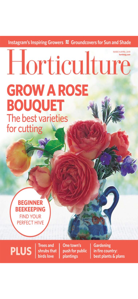 Horticulture Magazine cover featuring a pink rose bouquet and gardening article headlines.