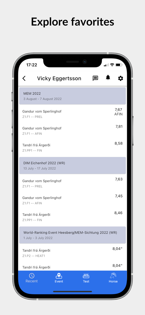 IceTest NG - IceTest NG app screen displaying horse competition results for a favorite rider