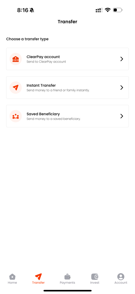 ClearPay - Interface of the ClearPay app transfer screen showing options for instant transfers and saved beneficiaries