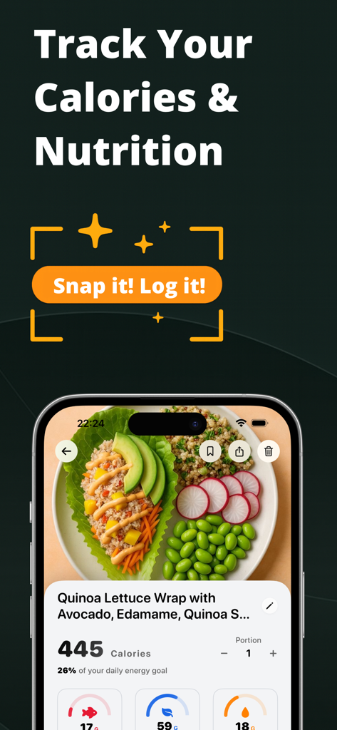Interfaz de la aplicación CalMeal que muestra el reconocimiento de comidas por IA y el seguimiento de calorías a partir de una foto de un wrap de quinoa y lechuga.