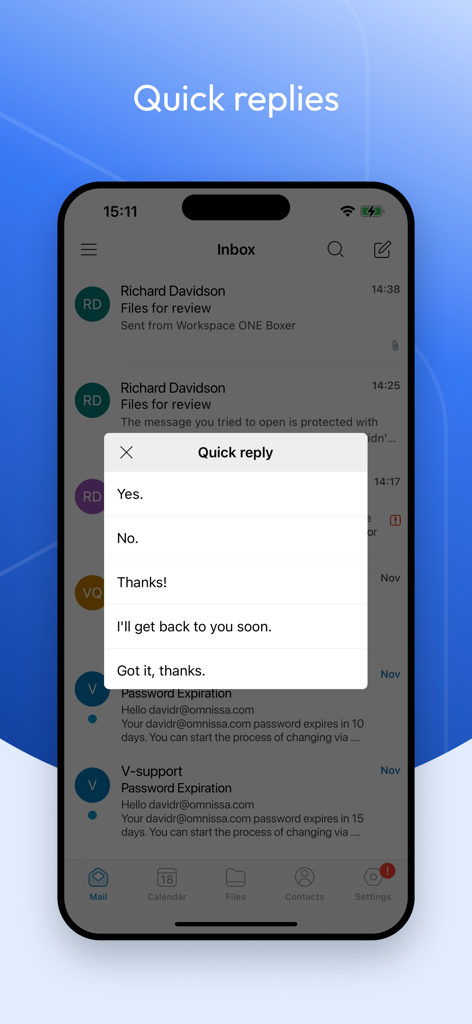 Boxer - Workspace ONE - Boxer app mobile interface showing a quick reply popup menu with preset email responses for enterprise productivity.