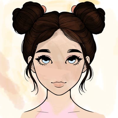 realistic girl with two buns on top of her head