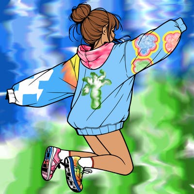 realistic girl jumping with a bun and oversized sweatshirt