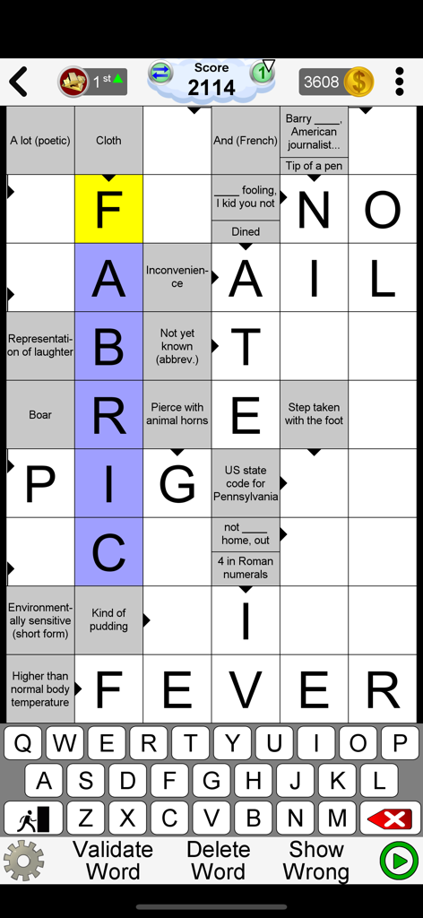 Arrow Crossword & Other Games - A mobile screenshot of an arrow crossword puzzle showing a partially filled grid and an on-screen keyboard.
