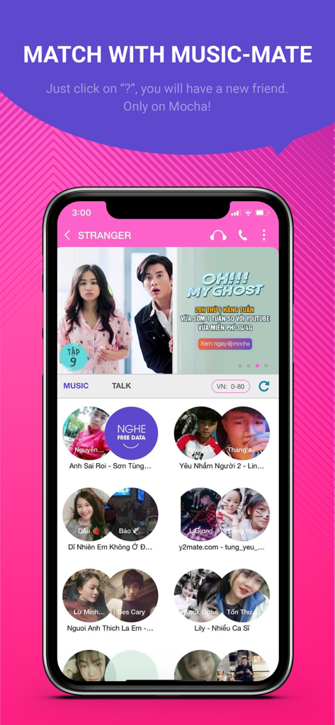 Interfaz de la aplicación Mocha para conectar con nuevos amigos a través de intereses musicales compartidos