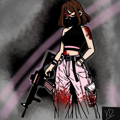 a dangerous girlcrop top and baggy jeans with a rifle in her hand