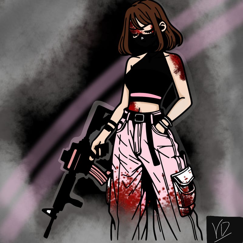 a dangerous girlcrop top and baggy jeans with a rifle in her hand