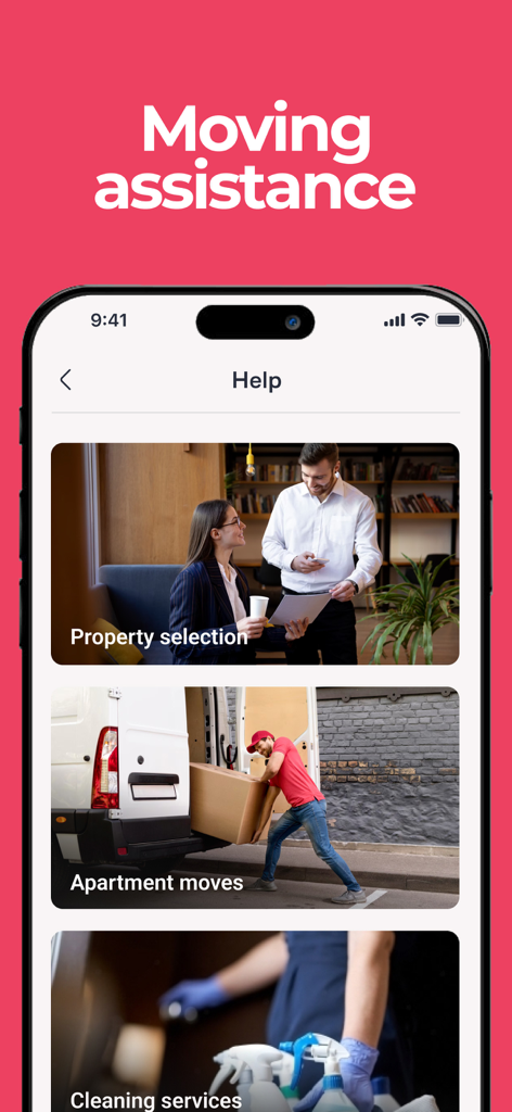 Pantalla de la aplicación RentMe que muestra servicios de asistencia para mudanzas, incluyendo selección de propiedades, mudanzas de apartamentos y servicios de limpieza