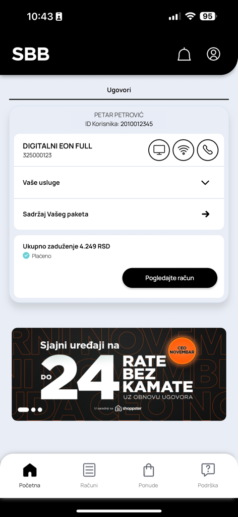 Moj SBB mobile app interface showing user contract details and billing status.