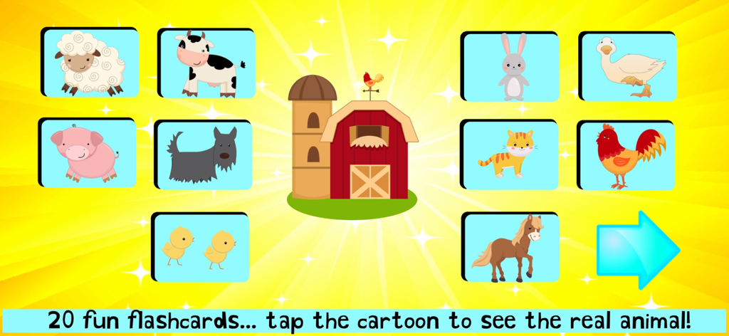 Educational app screen featuring cartoon farm animal flashcards including a cow, pig, and sheep around a central barn.