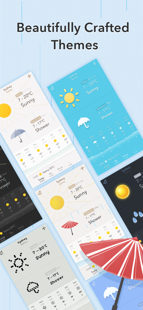 MyWeather - 15-Day Forecast - Showcase of various beautifully crafted weather app themes including light, dark, and pixel art styles.