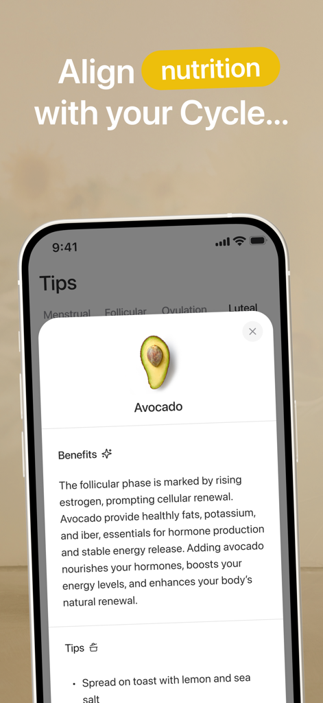 Harmony: Cycle Syncing, Period - Consigli nutrizionali per la fase follicolare nell'app di sincronizzazione del ciclo Harmony con i benefici dell'avocado.