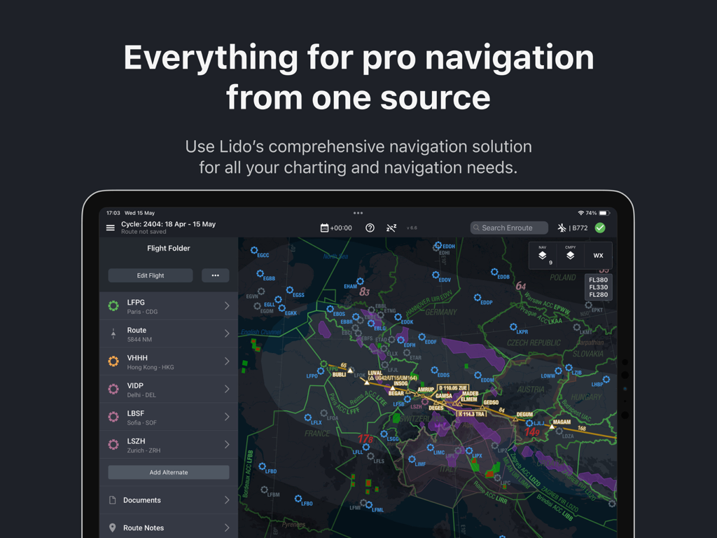 Lido mPilot - Lido mPilot app interface on iPad showing an aeronautical enroute map and flight folder for airline pilots.
