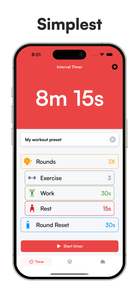 Interval Timer HIIT & Tabata - Interface do aplicativo Interval Timer HIIT e Tabata exibindo configurações de treino para rodadas e intervalos