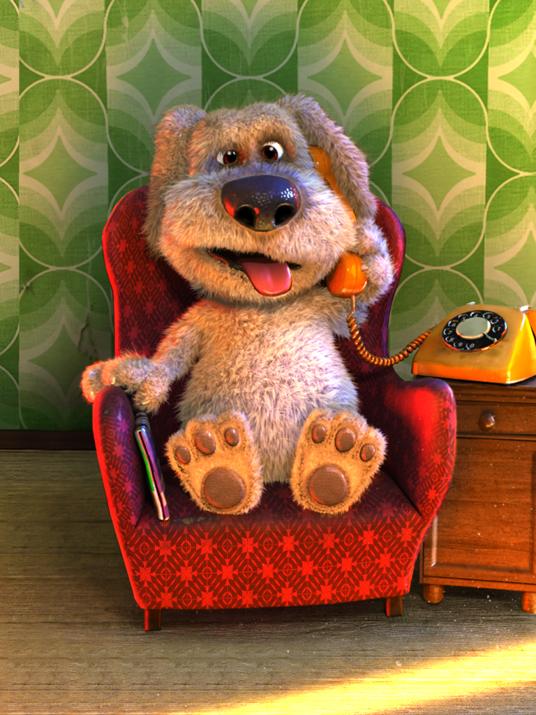 Talking Ben the Dog for iPad - Talking Ben le chien assis dans un fauteuil rouge et parlant au téléphone à cadran orange