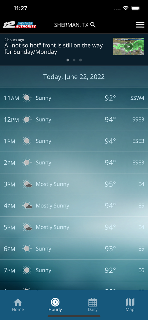 KXII Weather Authority App - KXII Weather Authority app showing hourly weather forecast for Sherman Texas with temperatures and sunny icons.