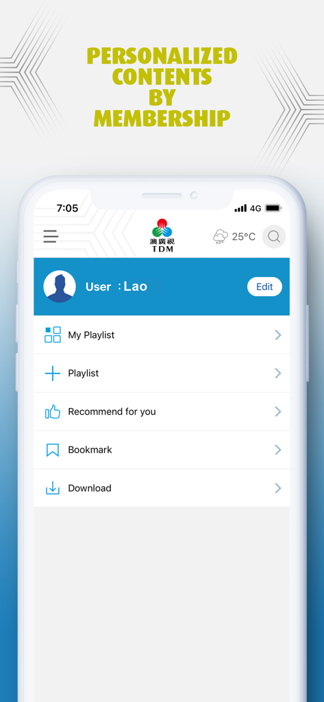TDM app membership screen showing personalized content features like playlists and bookmarks