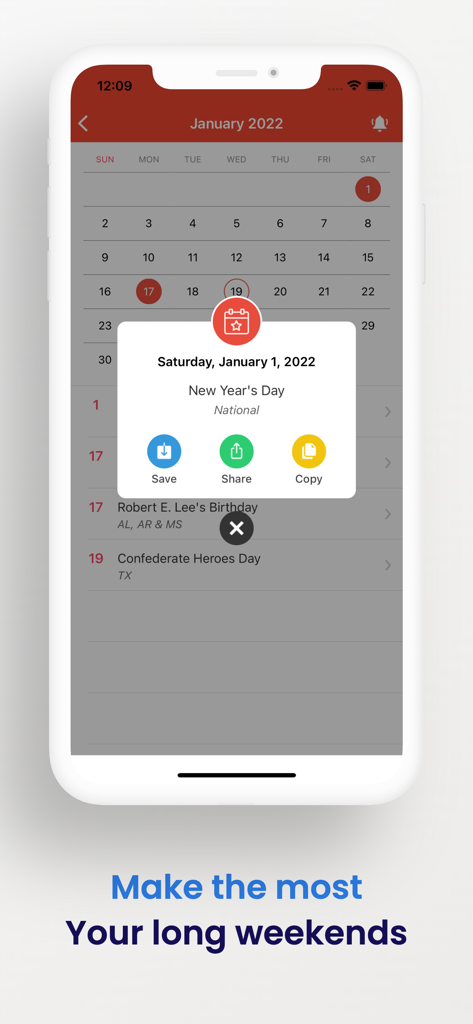 Malaysia Holidays 2026 - マレーシアの祝日アプリで、元日の詳細が表示されるポップアップを備えたカレンダーインターフェイスを表示