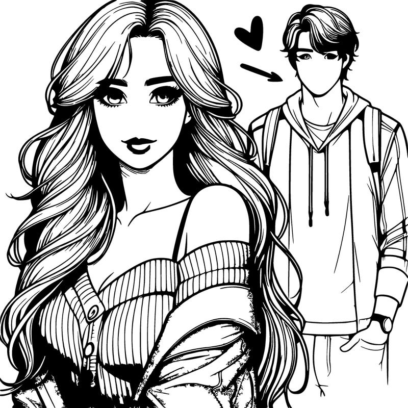 realistic girl with a cute outfit and long hair and a realistic boy crushing on her in the background